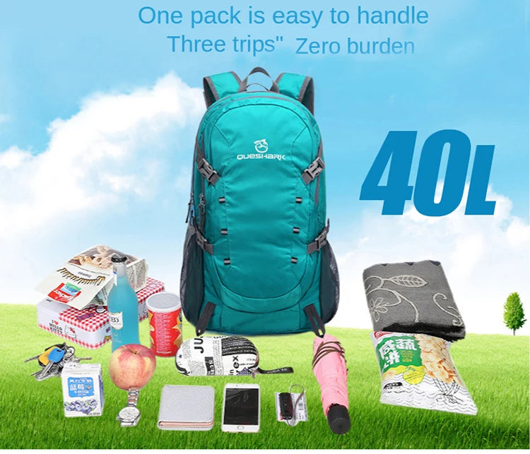 QUESHARK 40L Ultralight Waterproof Soft Foldable Camping Shoulder Backpack Climbing Travel Mountaineering Hiking Cycling Bag