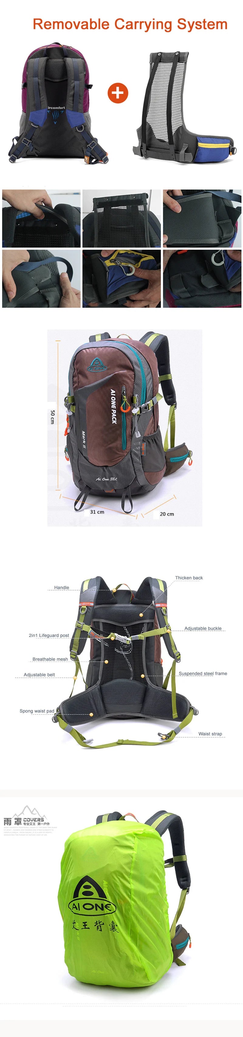 38L Climbing Bag Hiking Camping Backpack with Raincover Tourist Rucksack Athletes Flatpack Tramping Pack Mountain Backpack
