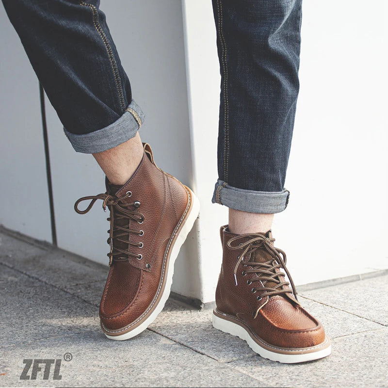ZFTL Men's Boots Cowhide Thick-soled boots retro British Outdoor Tooling shoes Ankle Boots Male Casual Lace up boots 2025