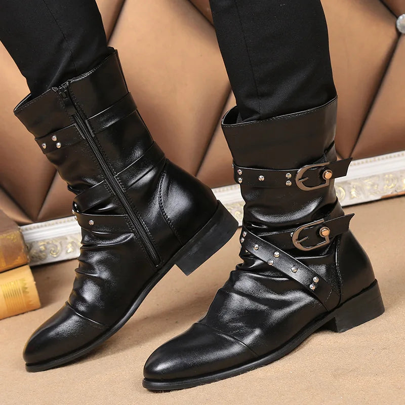mens casual steampunk motorcycle mid-calf long boots buckle cow leather shoes youth high boot outdoors botas militares sapatos