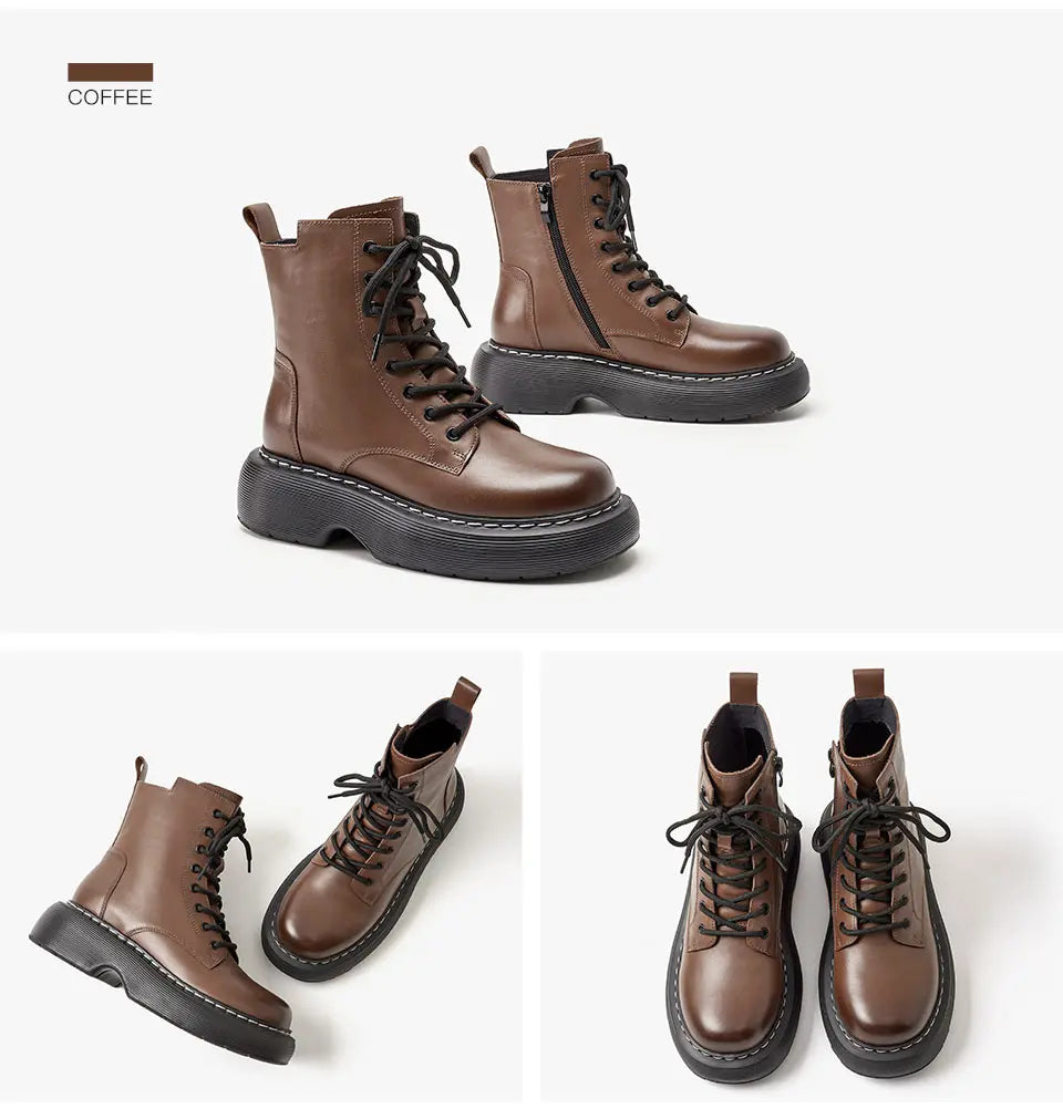 BeauToday Ankle Boots Women Cow Leather Platform Side Zipper Cross-tied Lace Sewing Female Autumn Shoes Handmade 04490