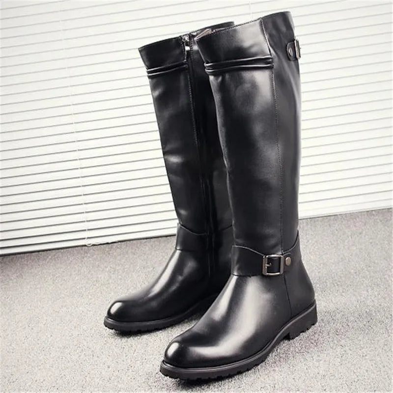 Leather Boots Fur High Top Casual Shoes Men Male Boots over the knee Botas Brand Motorcycle Boots