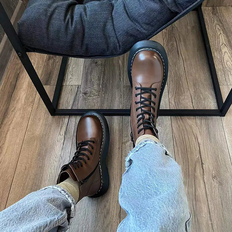 BeauToday Ankle Boots Women Cow Leather Platform Side Zipper Cross-tied Lace Sewing Female Autumn Shoes Handmade 04490