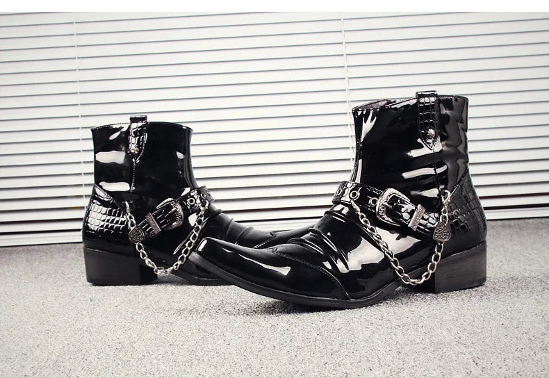 Korean style men's luxury fashion punk motorcycle boots patent leather shoes pointed toe oxfords shoe black ankle bota masculina