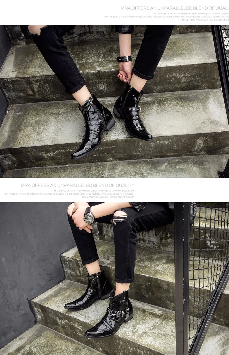 Korean style men's luxury fashion punk motorcycle boots patent leather shoes pointed toe oxfords shoe black ankle bota masculina