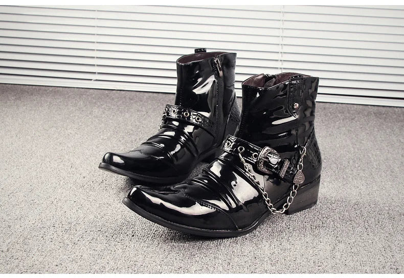 Korean style men's luxury fashion punk motorcycle boots patent leather shoes pointed toe oxfords shoe black ankle bota masculina