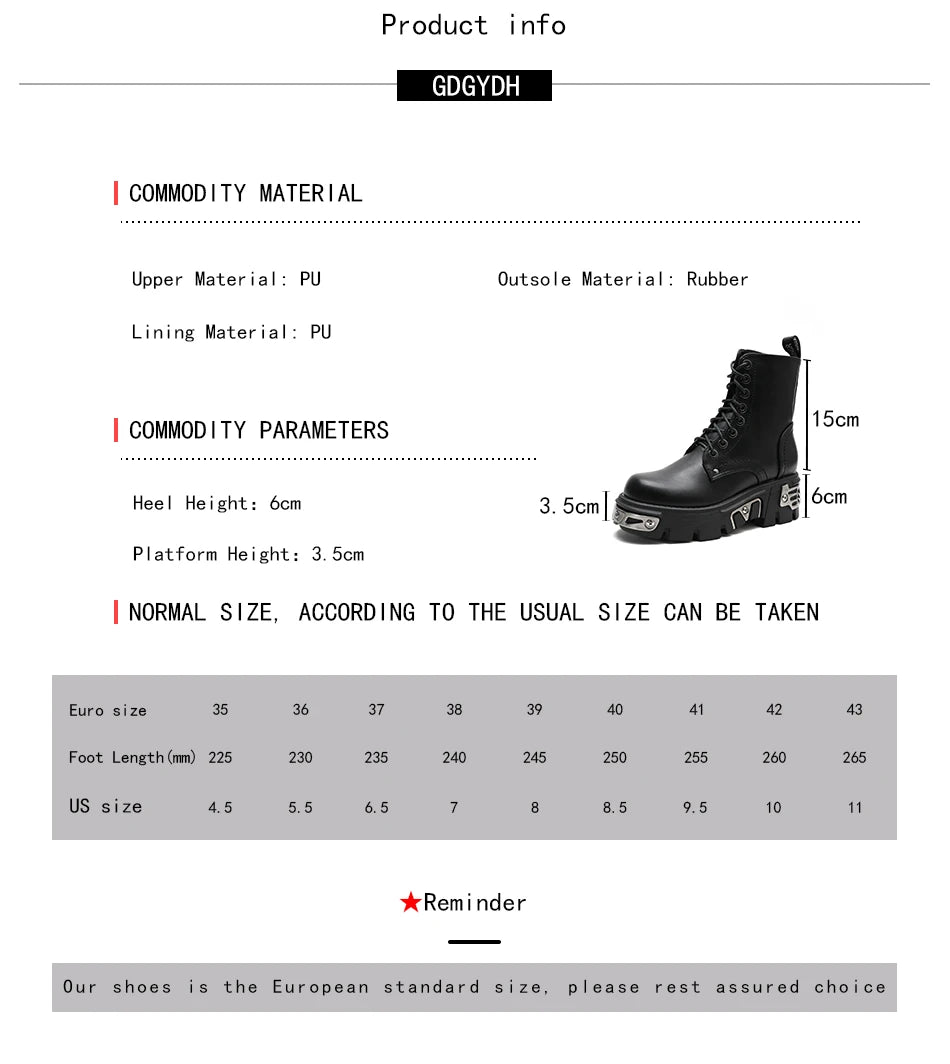 Gdgydh Darkness Punk Style Platform Women Ankle Boots Chunky Heel Black Metal Decor Women's Motorcycle Boots Lace UP Top Quality