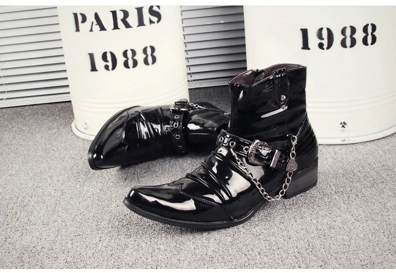 Korean style men's luxury fashion punk motorcycle boots patent leather shoes pointed toe oxfords shoe black ankle bota masculina