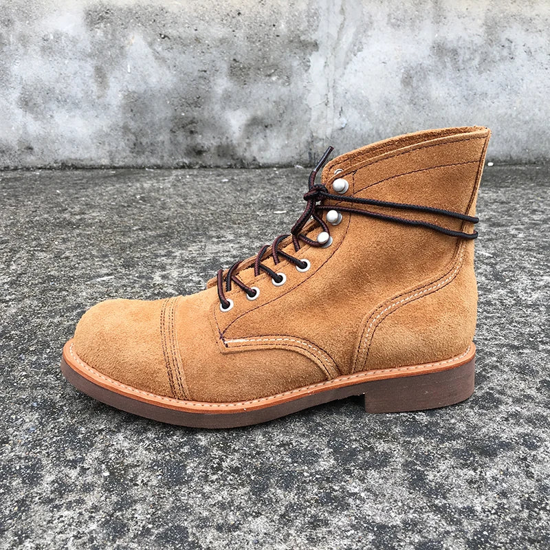 Autumn Winter New Designer Vintage Genuine Leather wings Men Shoes Goodyear Welted red Men Ankle Boots Work Motorcycle Boots