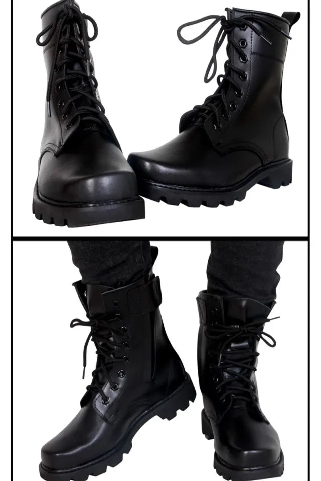 Steel Toe Men Boots Leather Safety Shoes for Men Spring Fashion Lace Up Black Ankle Platform Motorcycle Boots