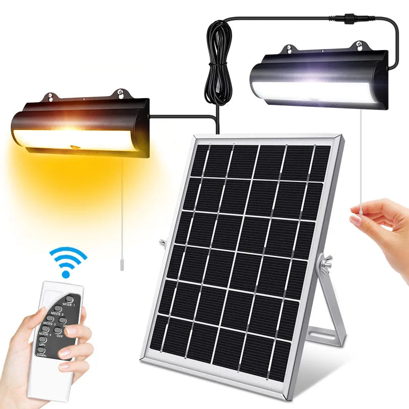Double Head Solar Pendant Light Outdoor Waterproof Garden PIR Motion Sensor LED Floodlight Dimmable Remote Cord Solar Light Shed