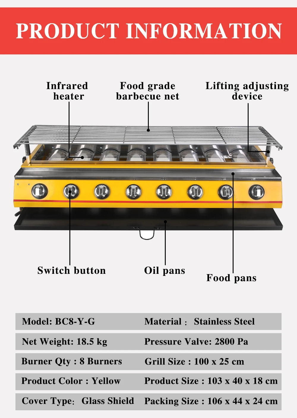 LPG Gas BBQ Grill 8 Burners Stainless Steel Smokeless Infrared Burners Barbecue Stove Outdoor Camping Roaster Kebab Commercial