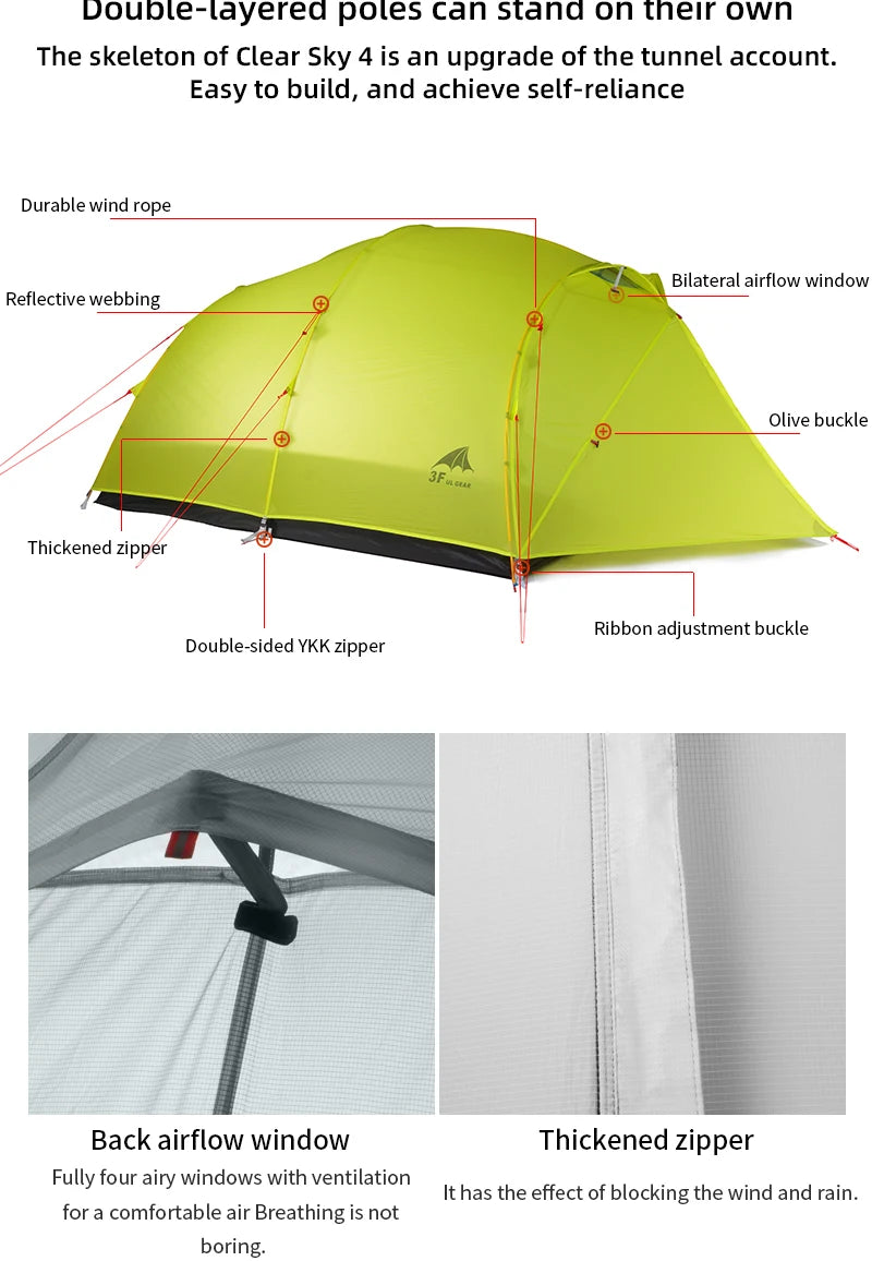 3F UL GEAR Qingkong 4 Person 4 Season 15D Camping Tent Outdoor Ultralight Hiking Backpacking Hunting Waterproof Tents