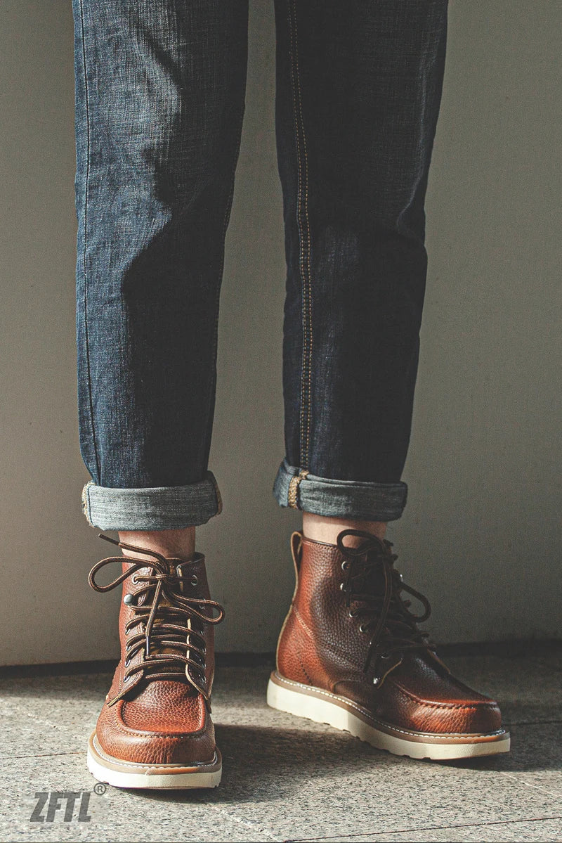 ZFTL Men's Boots Cowhide Thick-soled boots retro British Outdoor Tooling shoes Ankle Boots Male Casual Lace up boots 2025
