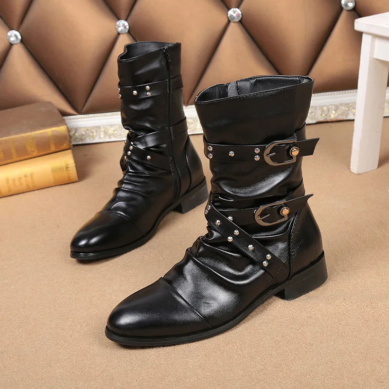 mens casual steampunk motorcycle mid-calf long boots buckle cow leather shoes youth high boot outdoors botas militares sapatos