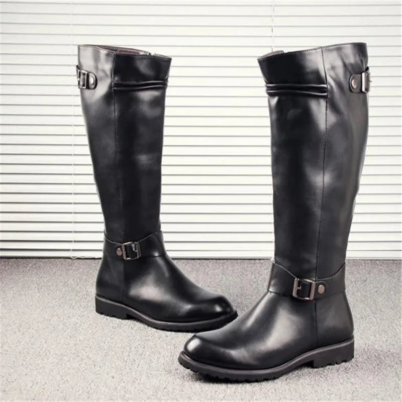 Leather Boots Fur High Top Casual Shoes Men Male Boots over the knee Botas Brand Motorcycle Boots