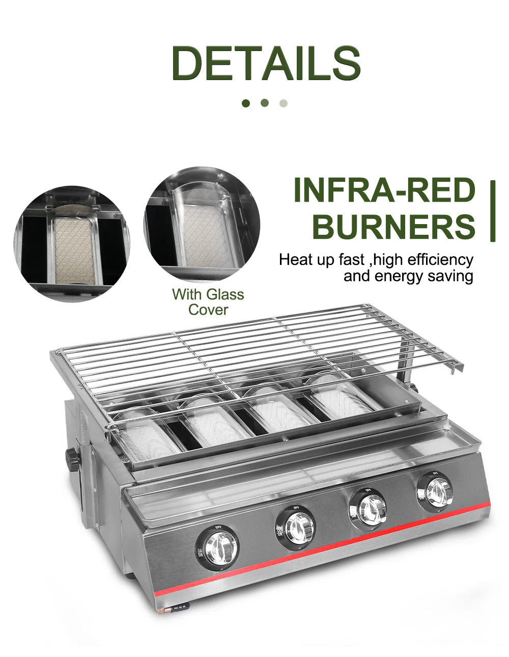 Smokeless LPG Grill 4 Burners Gas BBQ Stove Barbecue Tools For Outdoors Ceramic Burners With Stainless Steel or Glass Covers