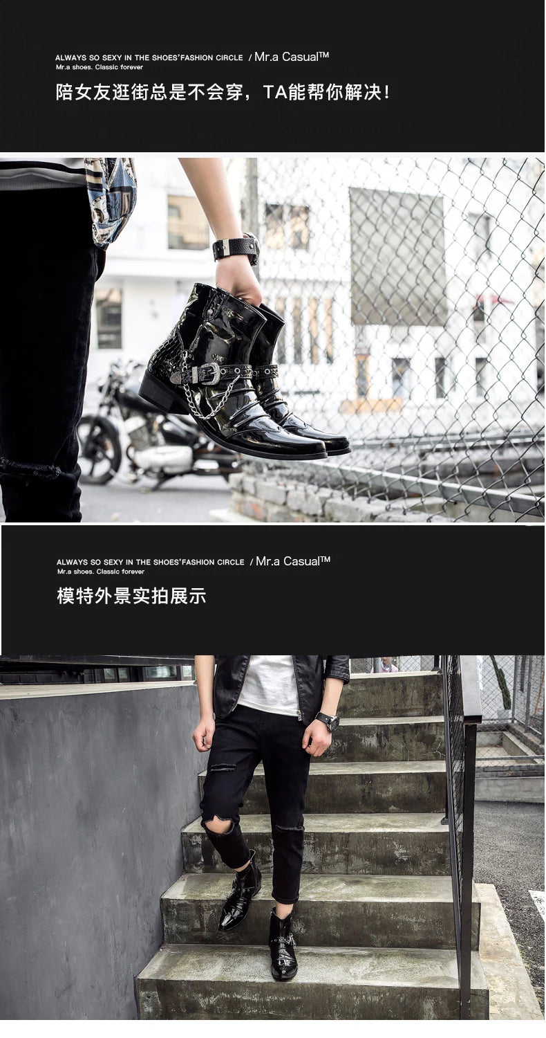 Korean style men's luxury fashion punk motorcycle boots patent leather shoes pointed toe oxfords shoe black ankle bota masculina