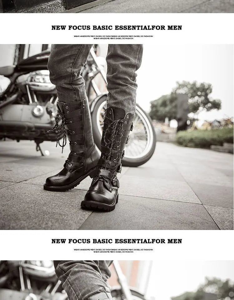 Men's PU Leather Motorcycle Boots High Over the Knee  Boots Gothic Belt Punk Boots Men Shoes Boot