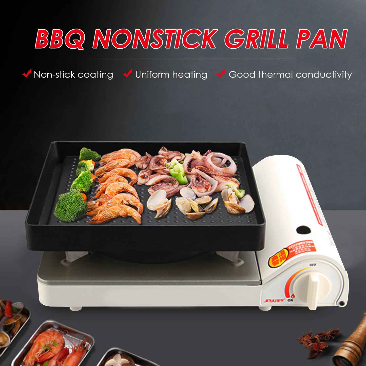 22*25cm Portable BBQ Grill Pan Non-Stick Charcoal Grill Plate Bu&tane Gas Stove Cooker Party Picnic Terrace Beach Barbecue Tray