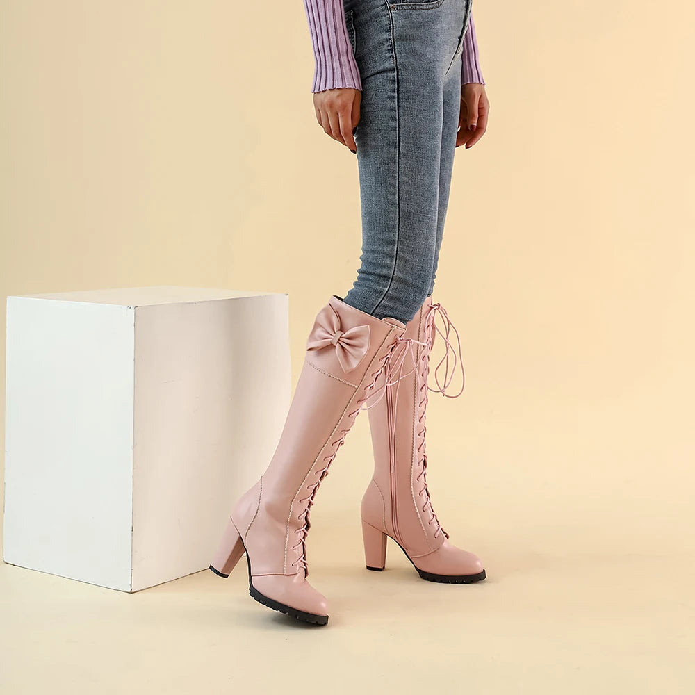Winter Sweet Women Knee High Boots PU Leather Round Toe 7cm High Block Heels Bowtie Lace-up Lolita Lady Zipper Long Riding Boots