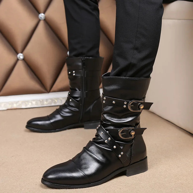 mens casual steampunk motorcycle mid-calf long boots buckle cow leather shoes youth high boot outdoors botas militares sapatos