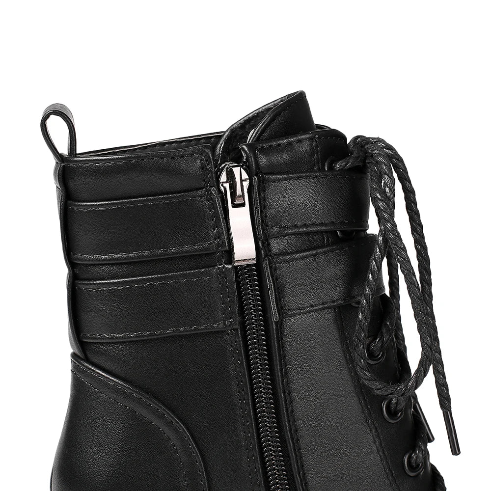 Black Platform Combat Ankle Boots For Women Round Toe Buckle Strap Woman Lace Up Shoes Winter Biker Boot Motorcycle Bottes 41 42