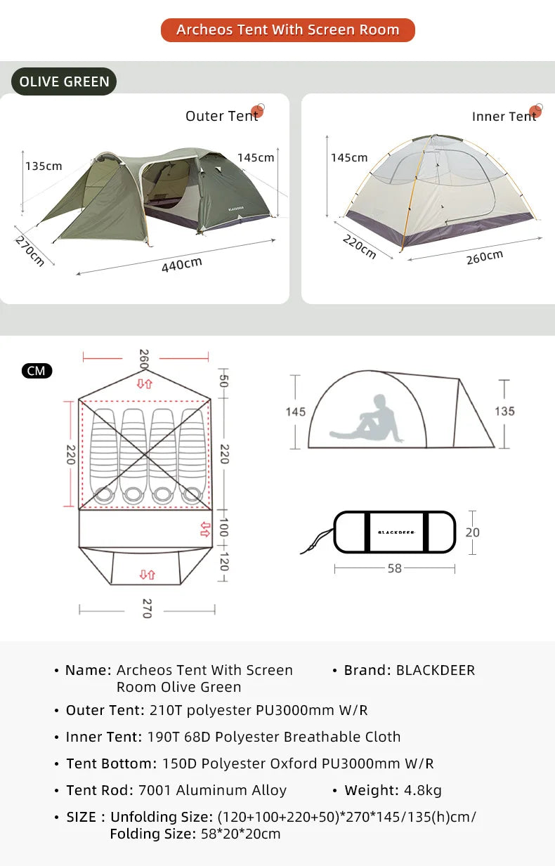 Blackdeer Ultralight Hiking Tent Large Expedition Tent for 3-4 persons PU3000 MM 210D Shelter Camping Bedroom&one a Living Room