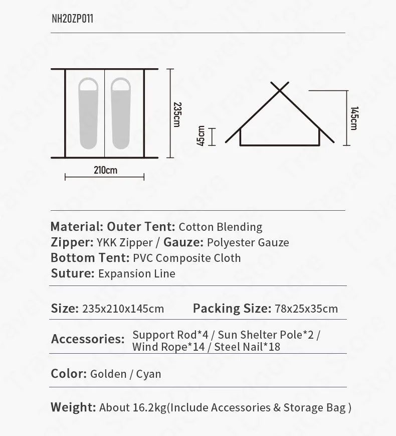Naturehike Cotton A-Frame Ridge Tent Extended 4.8 3-season Camping Tent with Awning 2 Persons Family Outdoor Travel Waterproof