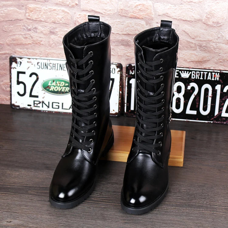 British fashion motorcycle boots for men genuine leather shoes cowboy high boot lace-up long botas masculinas zapatos de hombre