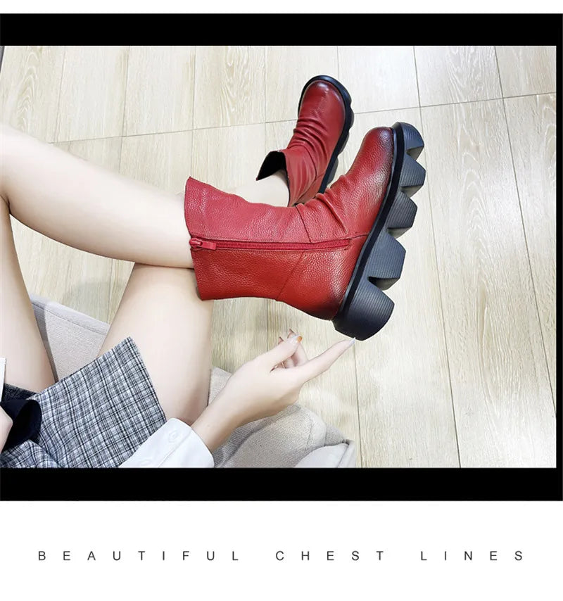 BEYARNE Ankle Boots Women Genuine Cow Leather Platform Bootie Side Zipper Soft Comfortable Autumn Winter Ladies Shoes Handmade