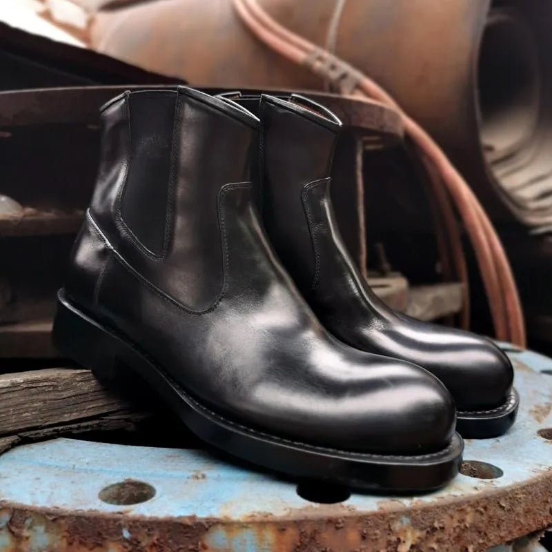 Classic Chelsea Boots Men Handmade Slip-On Round Toe Motorcycle Boots Cowhide Genuine Leather High Top Shoes Cowboy Boots