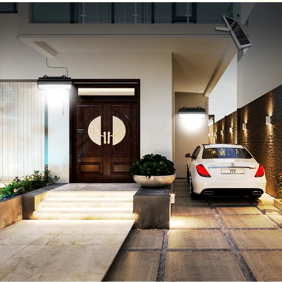 Double Head Solar Pendant Light Outdoor Waterproof Garden PIR Motion Sensor LED Floodlight Dimmable Remote Cord Solar Light Shed