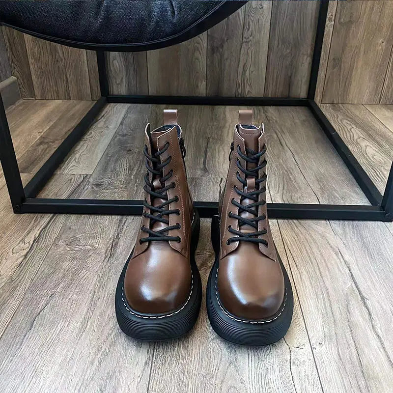 BeauToday Ankle Boots Women Cow Leather Platform Side Zipper Cross-tied Lace Sewing Female Autumn Shoes Handmade 04490