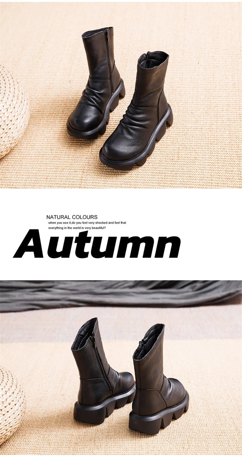 BEYARNE Ankle Boots Women Genuine Cow Leather Platform Bootie Side Zipper Soft Comfortable Autumn Winter Ladies Shoes Handmade