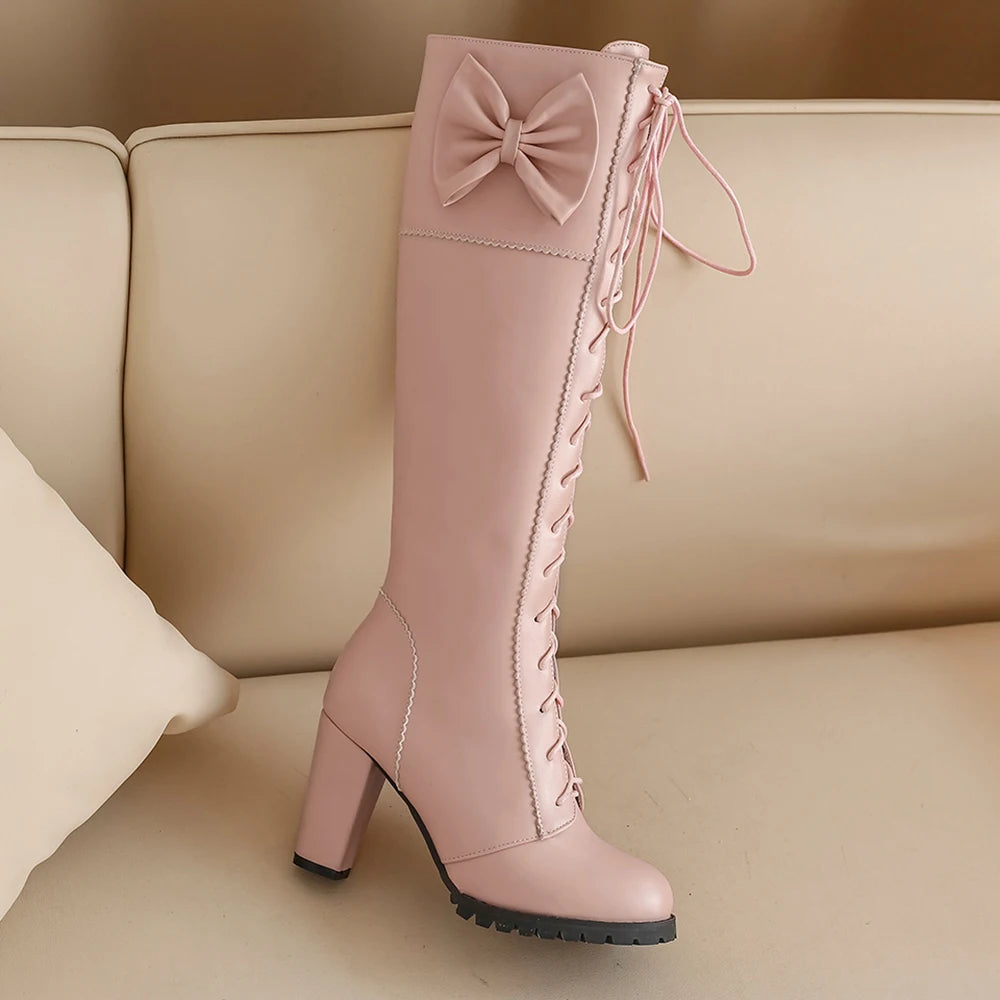 Winter Sweet Women Knee High Boots PU Leather Round Toe 7cm High Block Heels Bowtie Lace-up Lolita Lady Zipper Long Riding Boots
