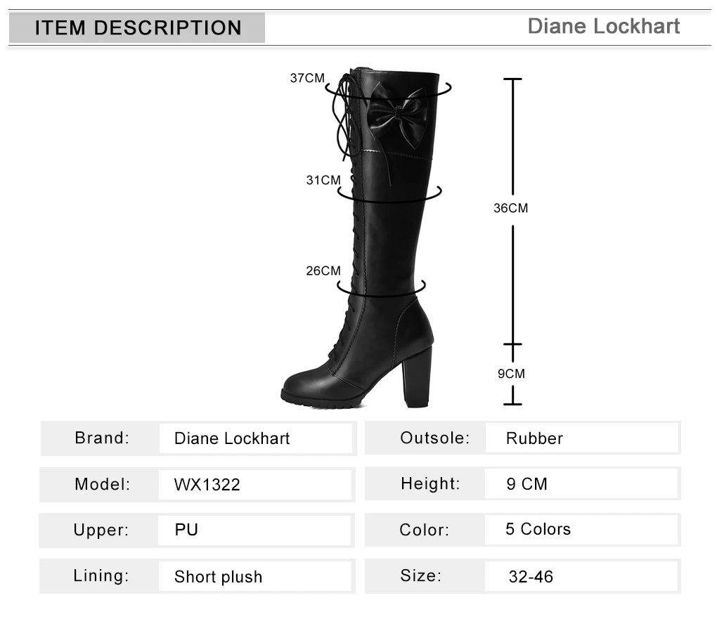 Winter Sweet Women Knee High Boots PU Leather Round Toe 7cm High Block Heels Bowtie Lace-up Lolita Lady Zipper Long Riding Boots