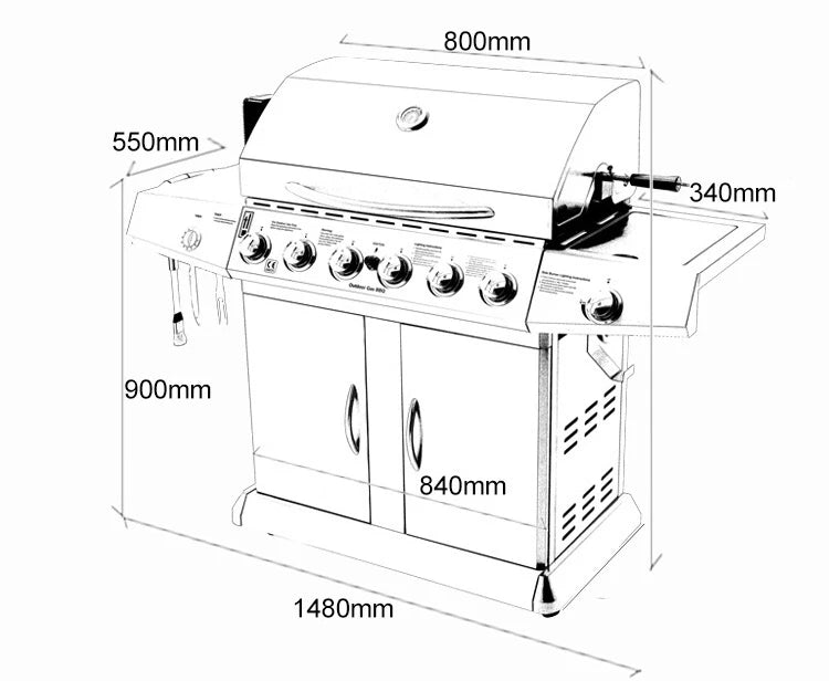 Outdoor BBQ Grill, 6 Burners, Side Gas Oven with Skewer and Motor Cover, High Quality