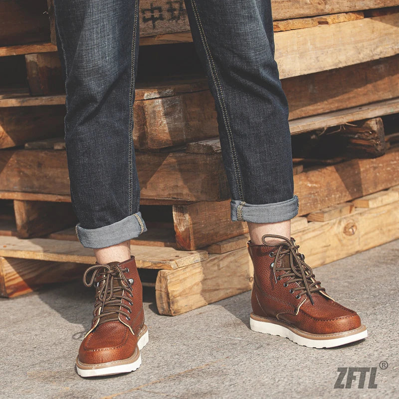 ZFTL Men's Boots Cowhide Thick-soled boots retro British Outdoor Tooling shoes Ankle Boots Male Casual Lace up boots 2025