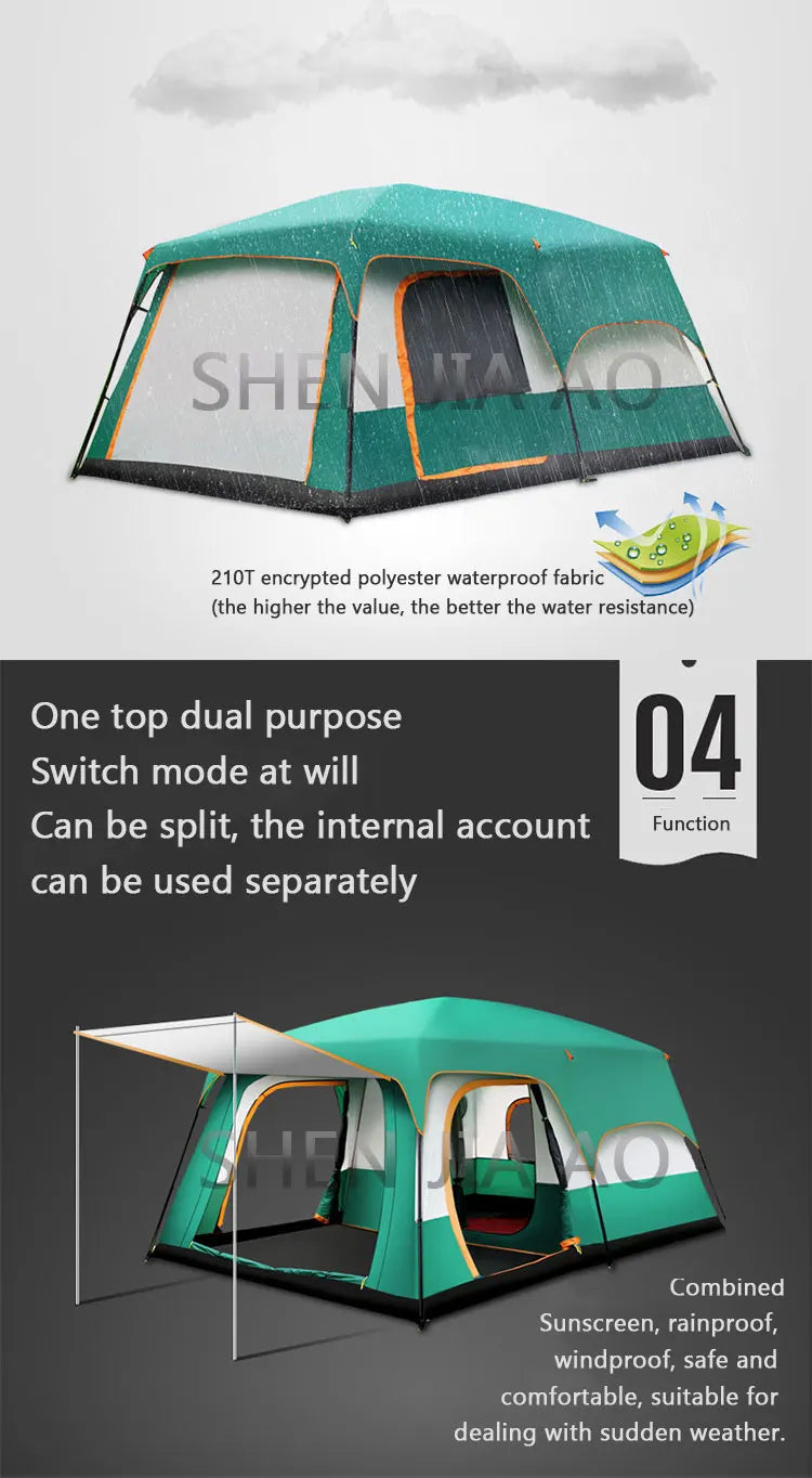 Outdoor Double Deck Two Bedrooms And Four Seasons Camping Waterproof Tent 8-12 People Picnic Large Space Camping Tent