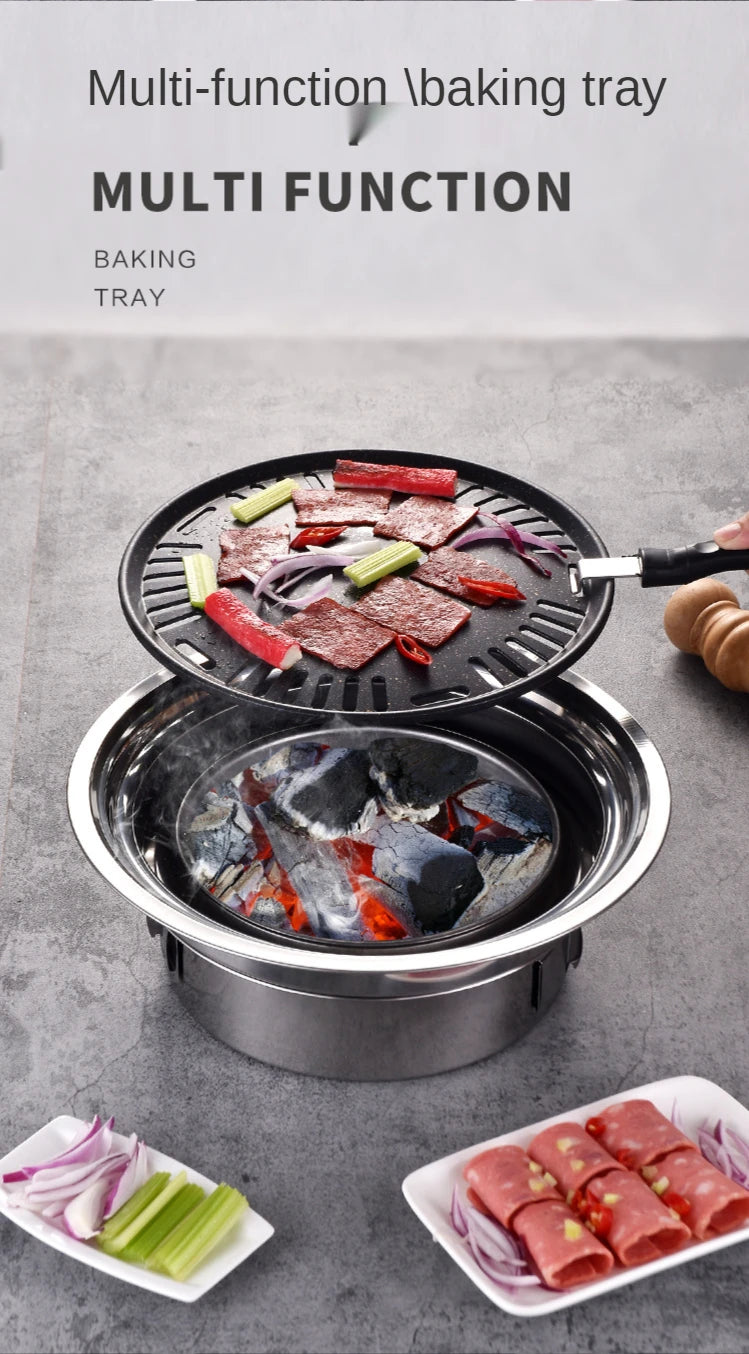 Household Stainless Steel Korean Charcoal Oven Commercial round Non-Stick Barbecue Oven Outdoor Camping Portable Charcoal Stove