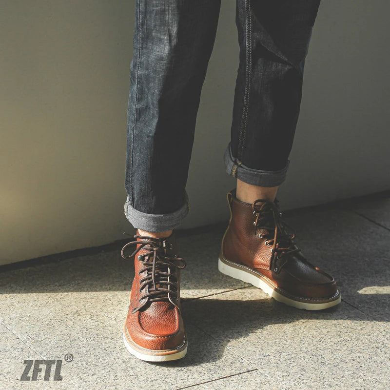 ZFTL Men's Boots Cowhide Thick-soled boots retro British Outdoor Tooling shoes Ankle Boots Male Casual Lace up boots 2025