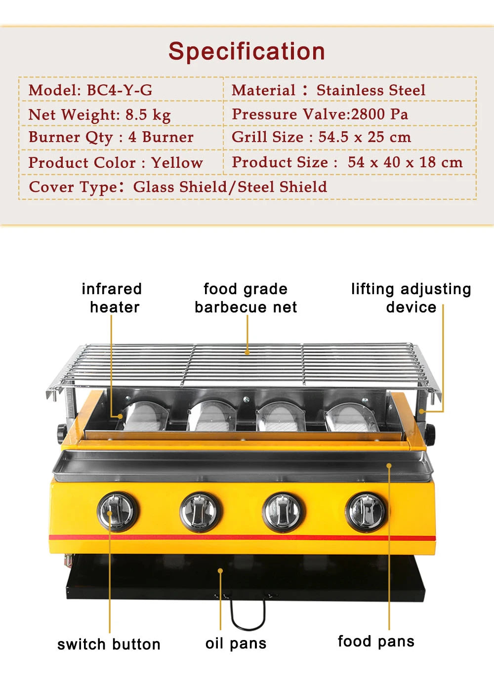 Smokeless LPG Grill 4 Burners Gas BBQ Stove Barbecue Tools For Outdoors Ceramic Burners With Stainless Steel or Glass Covers