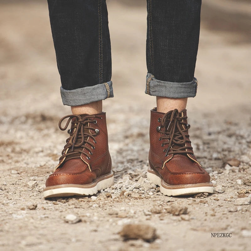 Handmade Men Boots Vintage Casual Autumn Winter Cow Leather Shoes British Ankle Boots Wings Motorcycle Boots Zapatos Hombre