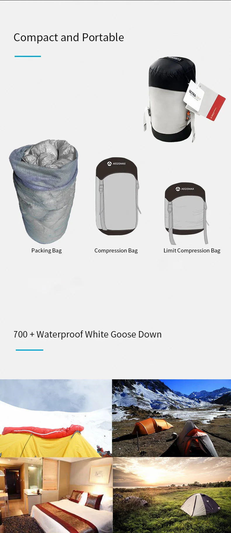 AEGISMAX LETO Outdoors White Goose Down Sleeping Bag Waterproof Camping Travel 36℉~45℉ Small Packing Down Sleeping Bag FP700+