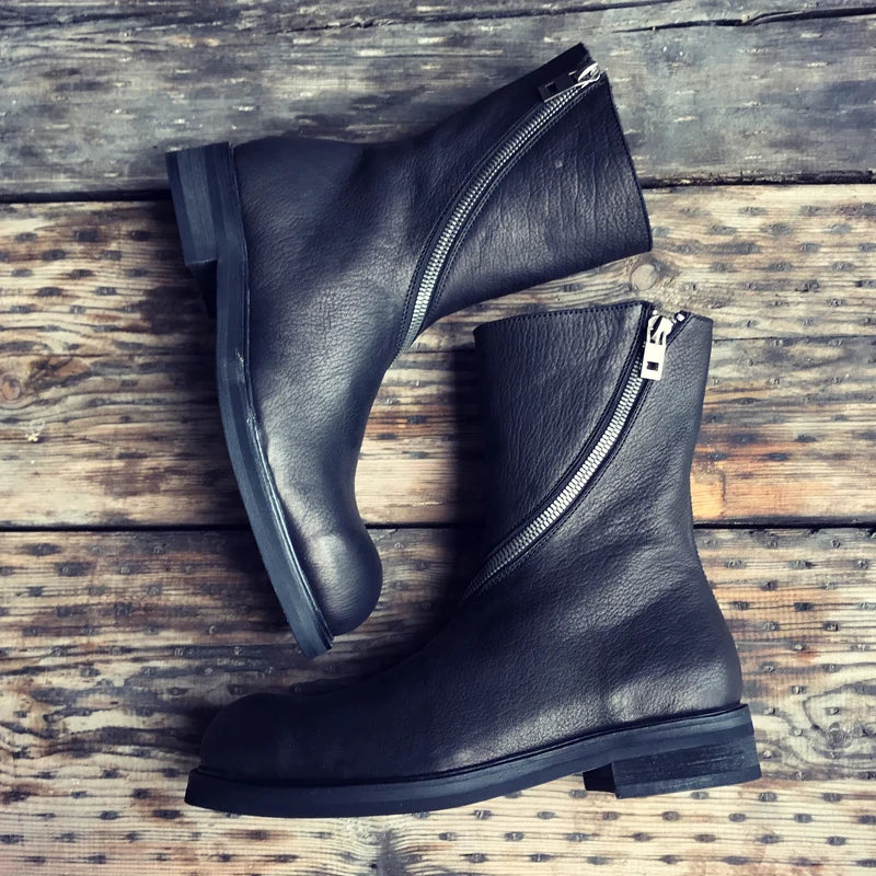 New Men Vintage Boots Round Toe Genuine Leather Mid-Calf Boot Punk Winter Handmade Black Motorcycle Biker Booties Zapatos Hombre