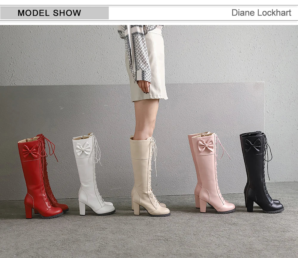 Winter Sweet Women Knee High Boots PU Leather Round Toe 7cm High Block Heels Bowtie Lace-up Lolita Lady Zipper Long Riding Boots