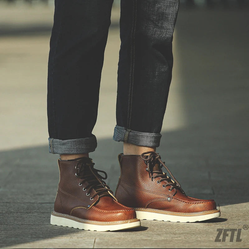 ZFTL Men's Boots Cowhide Thick-soled boots retro British Outdoor Tooling shoes Ankle Boots Male Casual Lace up boots 2025
