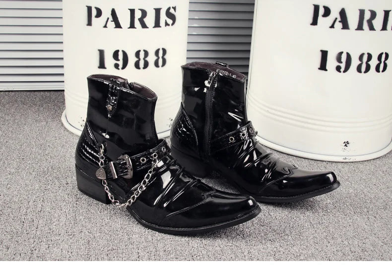 Korean style men's luxury fashion punk motorcycle boots patent leather shoes pointed toe oxfords shoe black ankle bota masculina