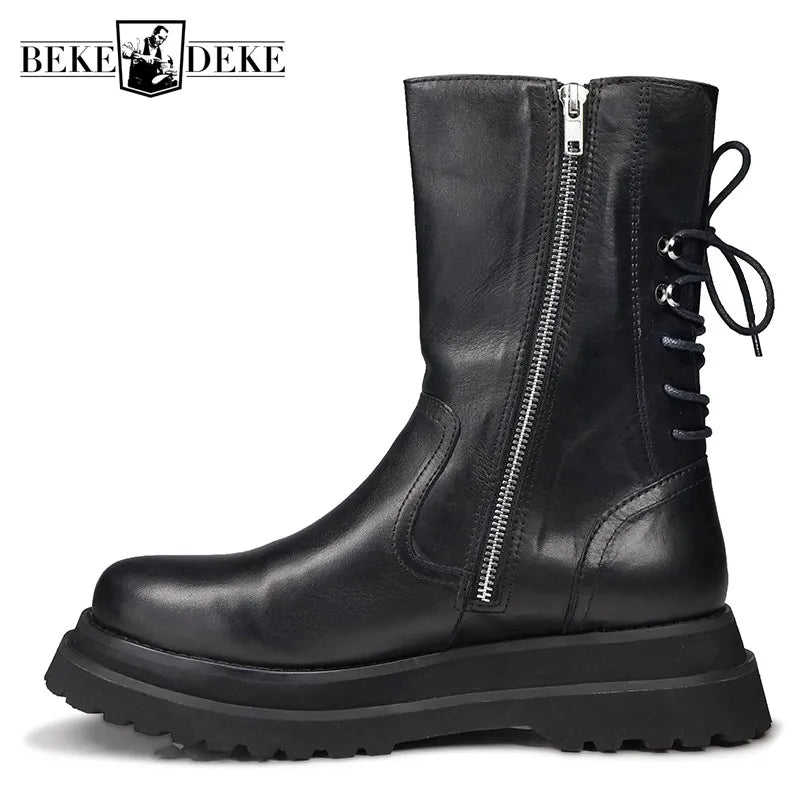 Gothic Mens Thick Platform Mid Calf Boots High Top Lace Up Genuine Leather Motorcycle Boots Zipper Punk Knight Boots Biker Shoes